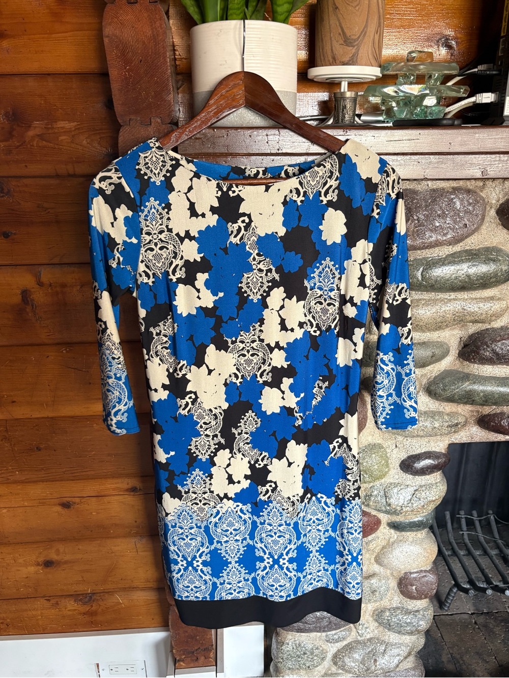Royal Blue Floral Sheath Dress Stretch Career Wedding Guest Size 6 Office - Picture 2 of 10